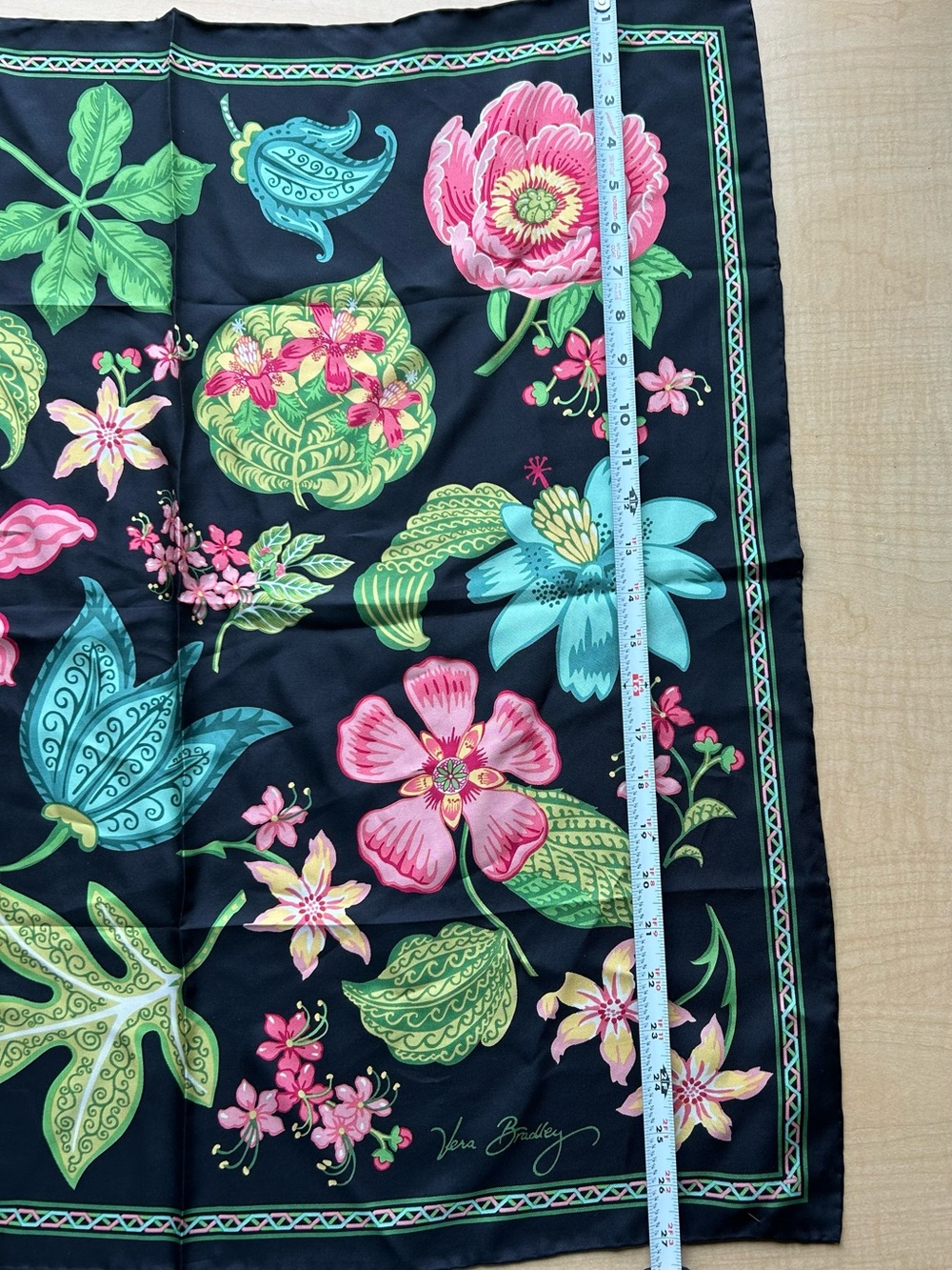 NEW Vera Bradley Black Silk Square Scarf Floral Botanical Print Pink Teal Green - Picture 5 of 5